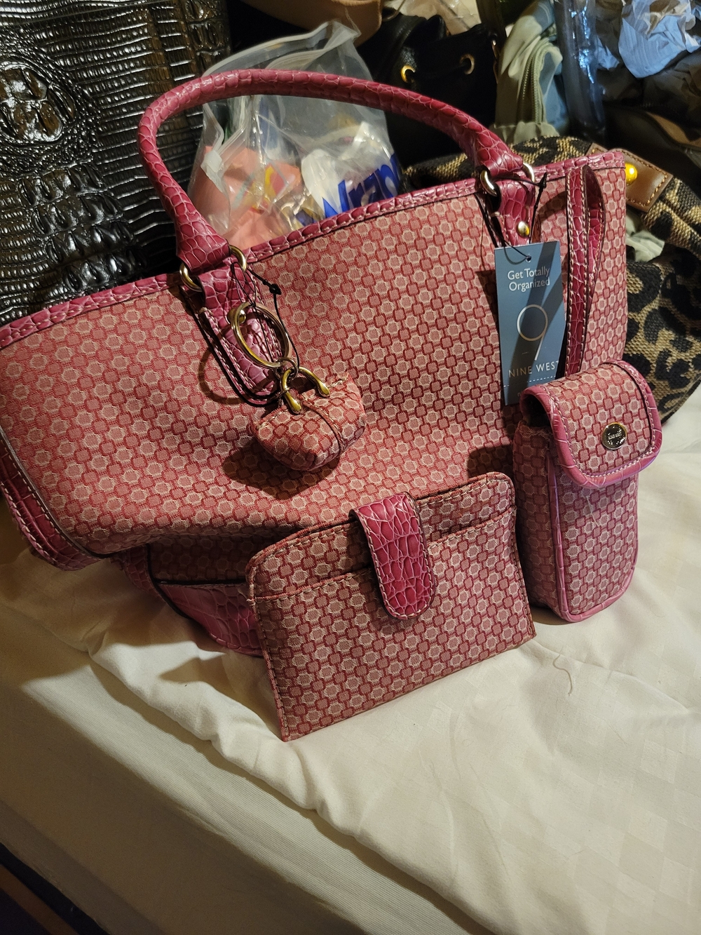 Nine West Pink Patterned Tote with Matching Wallet and Pouch